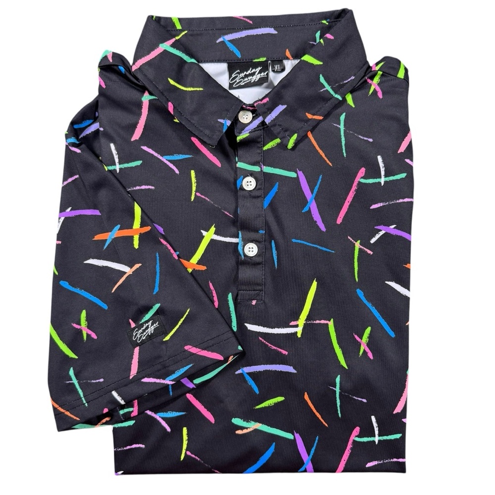 Sunday‎ Swagger Men’s XL “Strokes” Black Geometric Performance Golf Polo